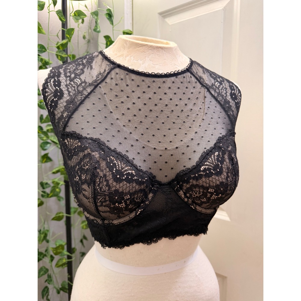 Dobreva Black Lace High Neck Bralette Sheer Mesh Keyhole Back 32DD